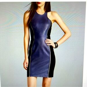 REBECCA MINKOFF Black and Navy Genuine Leather Mini Dress Size 4